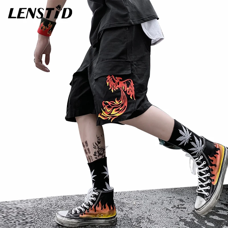 Шорты карго LENSTID в стиле хип хоп с вышивкой Харадзюку Фениксом джоггеры карманами