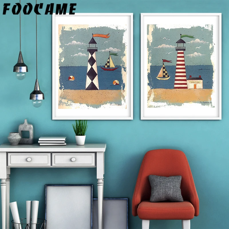Мультфильм морской корабль плакаты с изображением маяка и принтами Искусство