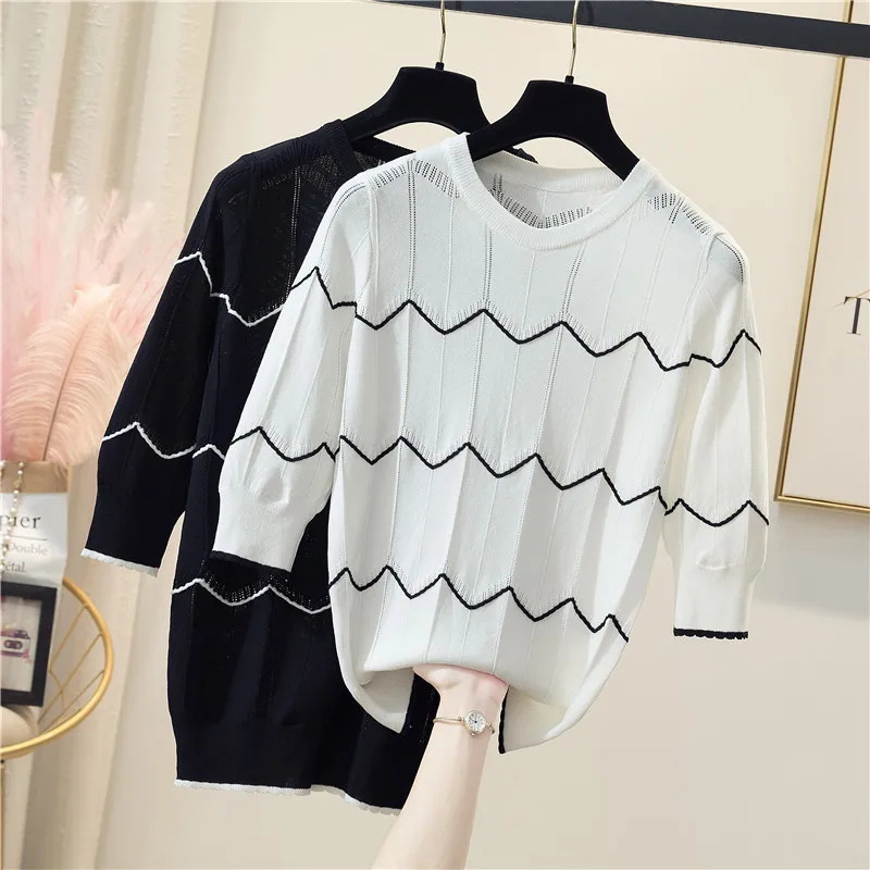 

M-4XL size women Summer thin sweater 2021 short sleeve o neck Stripe kint hollow out Oversized female pullover jumper