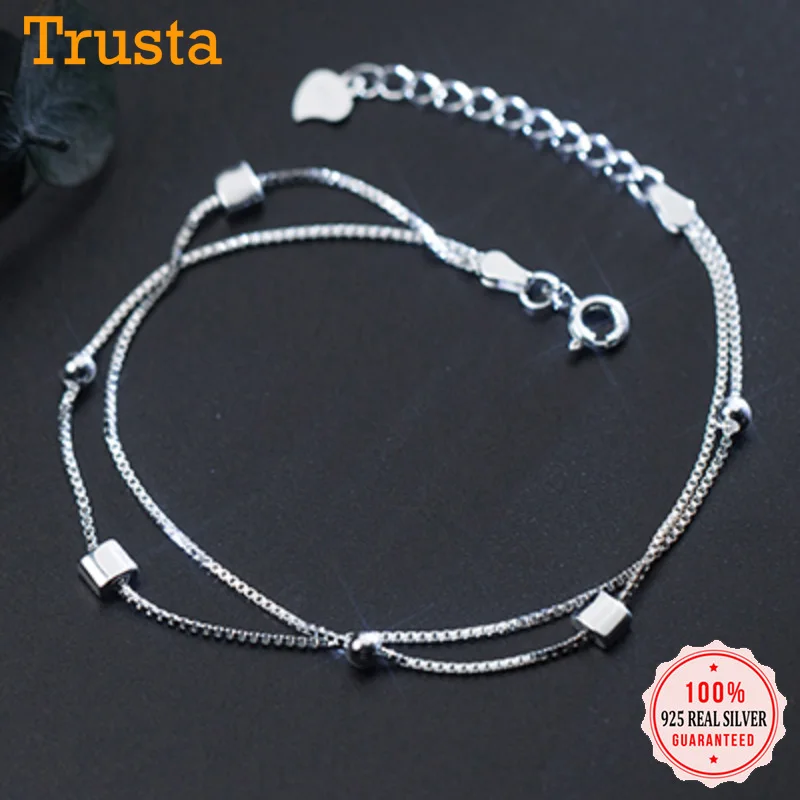 Женский двойной браслет из серебра 100% пробы с бусинами|Гибкие и жесткие браслеты|