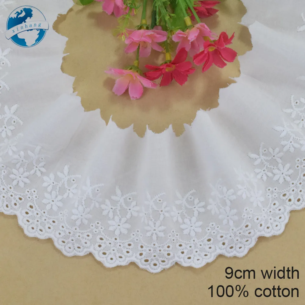 Ширина 9 см кружево из 100% хлопка с вышивкой белая лента для шитья ткань вязания