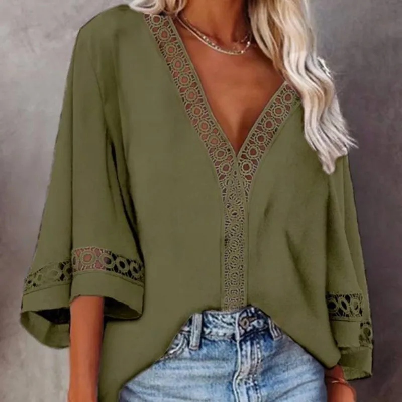 

OLOMLB 2021 Summer New Fashion Casual Solid V Neck Ladies Loose Half Sleeve Tops T Shirt Patchwork Hollow Out Lace Women's Basic