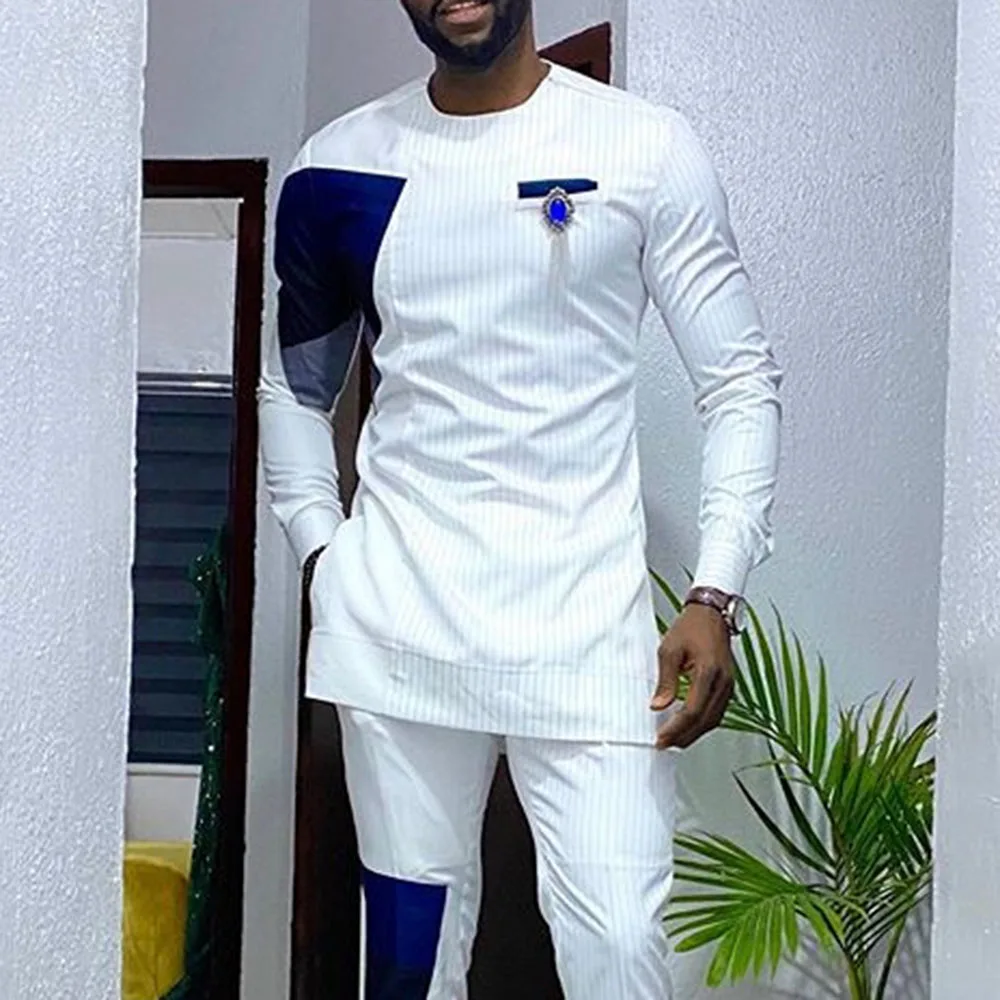 

White Striped Dashiki Men's T-shirt Long Sleeve Mid-length Color Block Patchwork Shirt Summer African Fashion Top Mens Casual