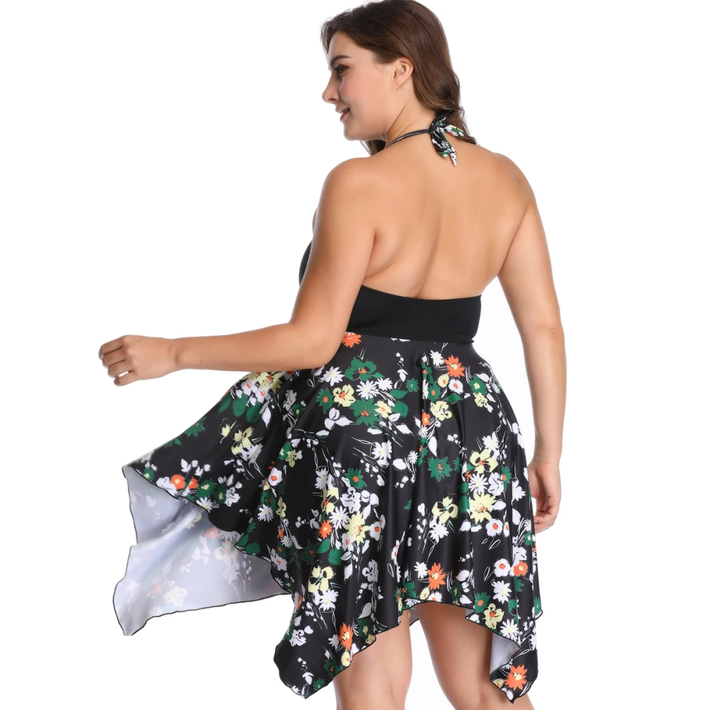 Женское пляжное платье с цветочным принтом и лямкой на шее трусики комплект