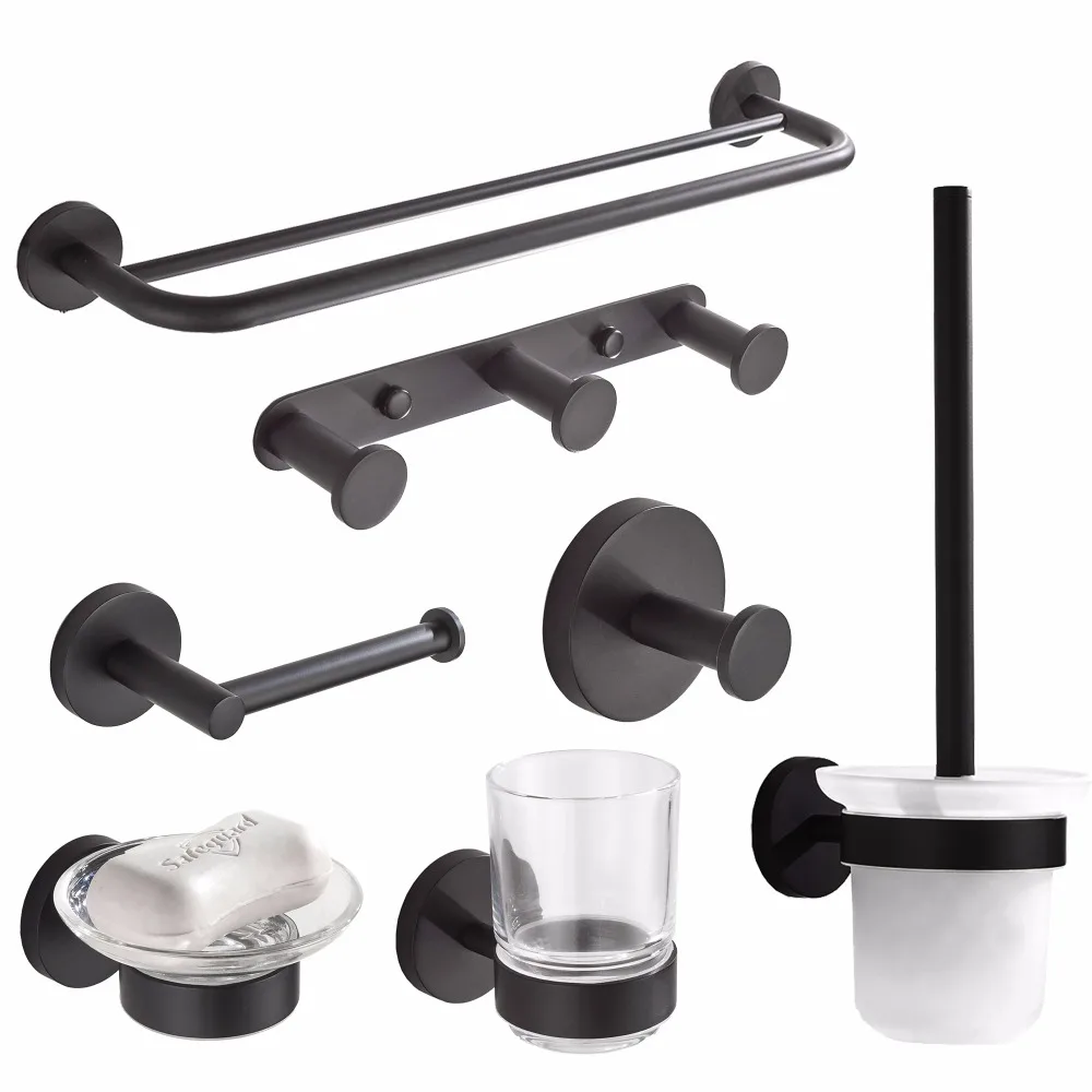 SUS304 Stainless Steel Bathroom Hardware Set Black Matte Paper Holder Robe Hook Toothbrush Holder Towel Bar Bathroom Accessories