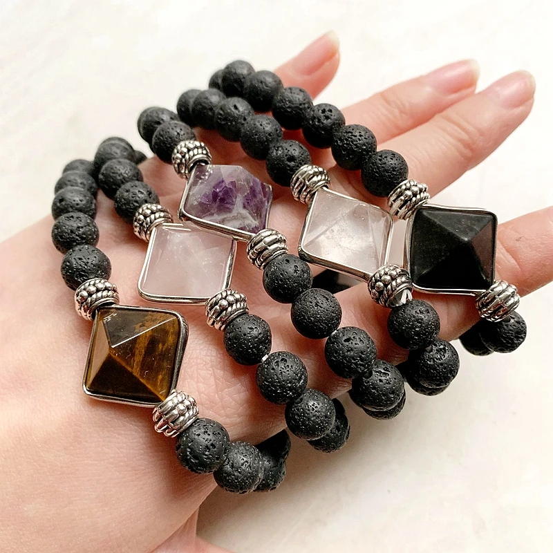 Статуэтка пирамиды браслет из черного лавового камня натуральные кристаллы