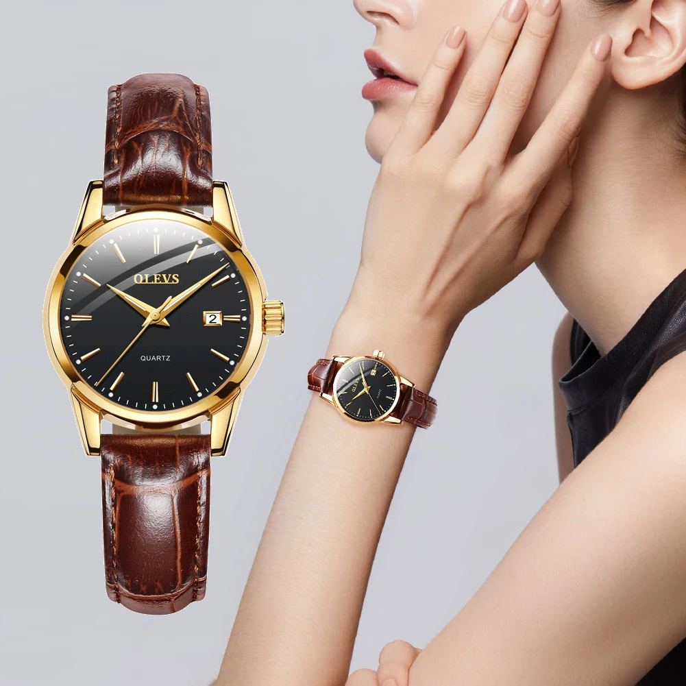 

OLEVS Womens Watches Top Brand Fashion casual Luxury Dress Genuine Brown Leather Waterproof Wristwatch for Lady 5566