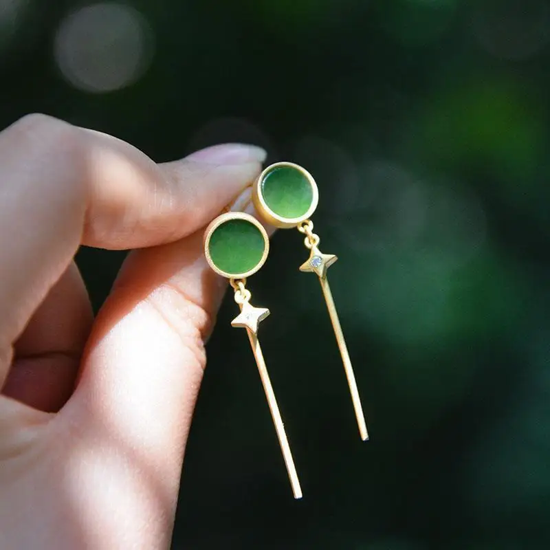 

[Meteor] Natural Hetian Jade Green Jade Earrings 925 Silver Tassel Jade Vintage Earrings Big Brand Special-Interest Earrings