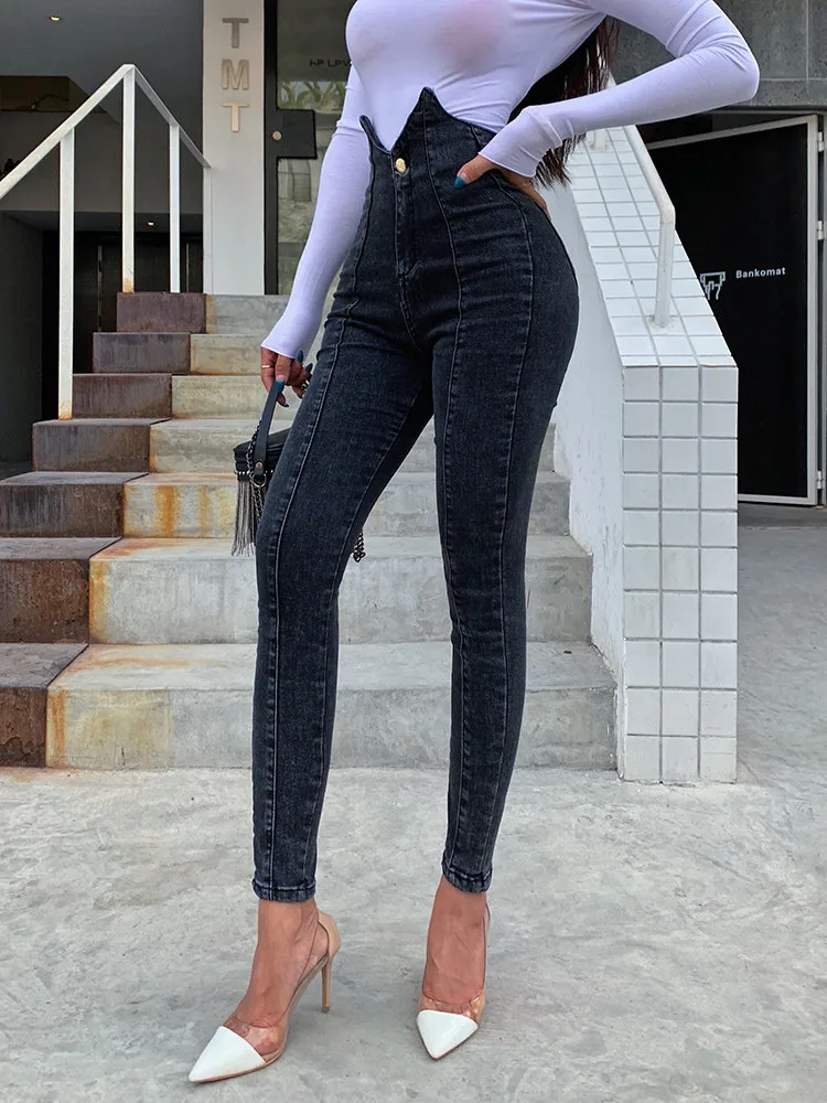 Женские джинсы с высокой талией, асимметричные, темно-серые, подтягивающие бедра, леггинсы, 2020 от AliExpress RU&CIS NEW