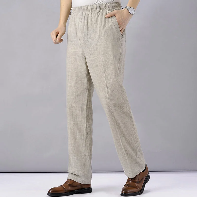 

Men's high-waisted pants will see new clothes 2021 flax loose cotton elastic band fine vintage work wide pants