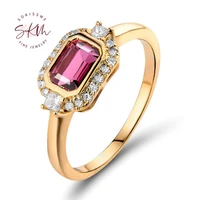 skm brand designer 14k rose gold engagement diamond rings for women emerald cut pink tourmaline