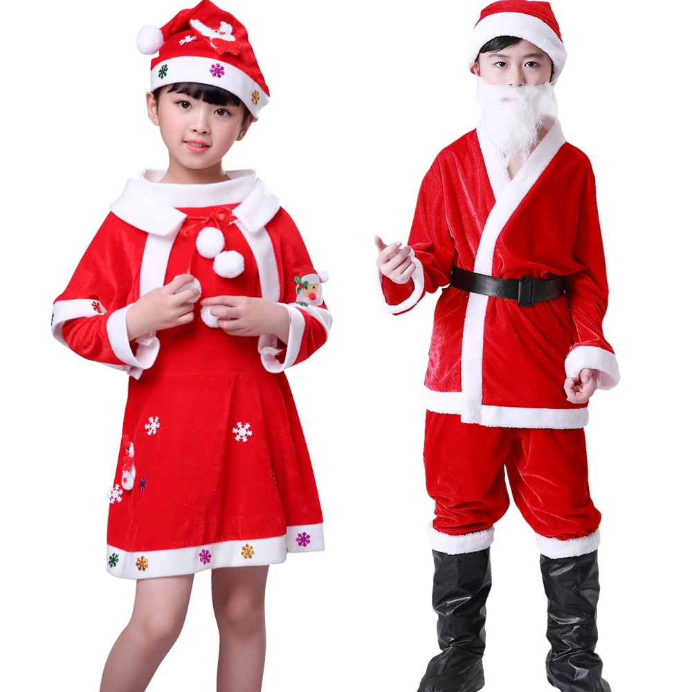 Рождественский костюм Санта Клауса с шапкой накидкой платьем костюмы детский - Фото №1