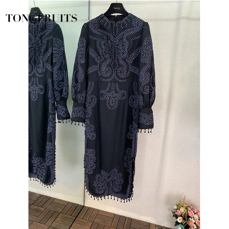 Премиум класса с вышивкой и бахромой платье осень Для женщин круглым вырезом