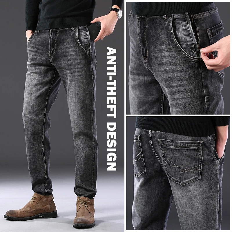 New Mens brand jeans Fashion Men Casual Straight High Stretch Feet Jeans Anti-theft Design Men Black Hot Sell Male Trousers