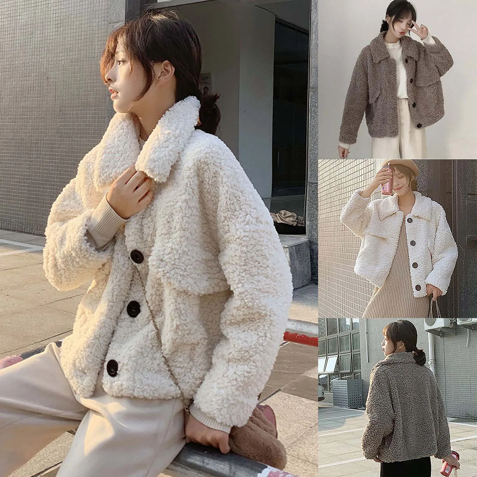 

Elegant Women Faux Fur Coat Streetwear Autumn Winter Beige Imitation Lambswool Plush Fashion Coat Female Overcoat Party 2021