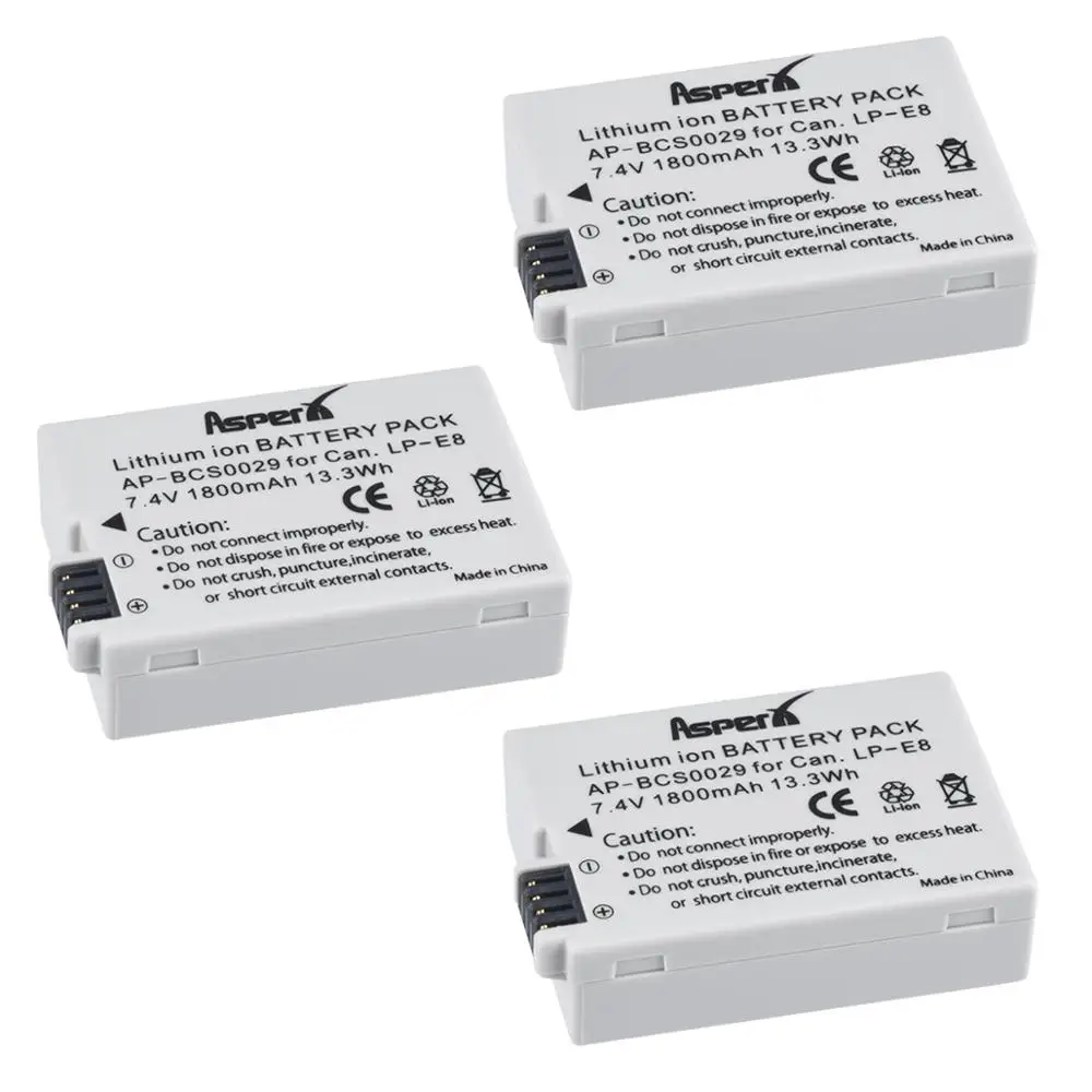 

AsperX 3Pc LP-E8 LPE8 LP E8 Camera Battery Bateria for Canon EOS 550D 600D 650D 700D kiss X4 X5 X6i X7i Rebel T2i T3i T4i T5i