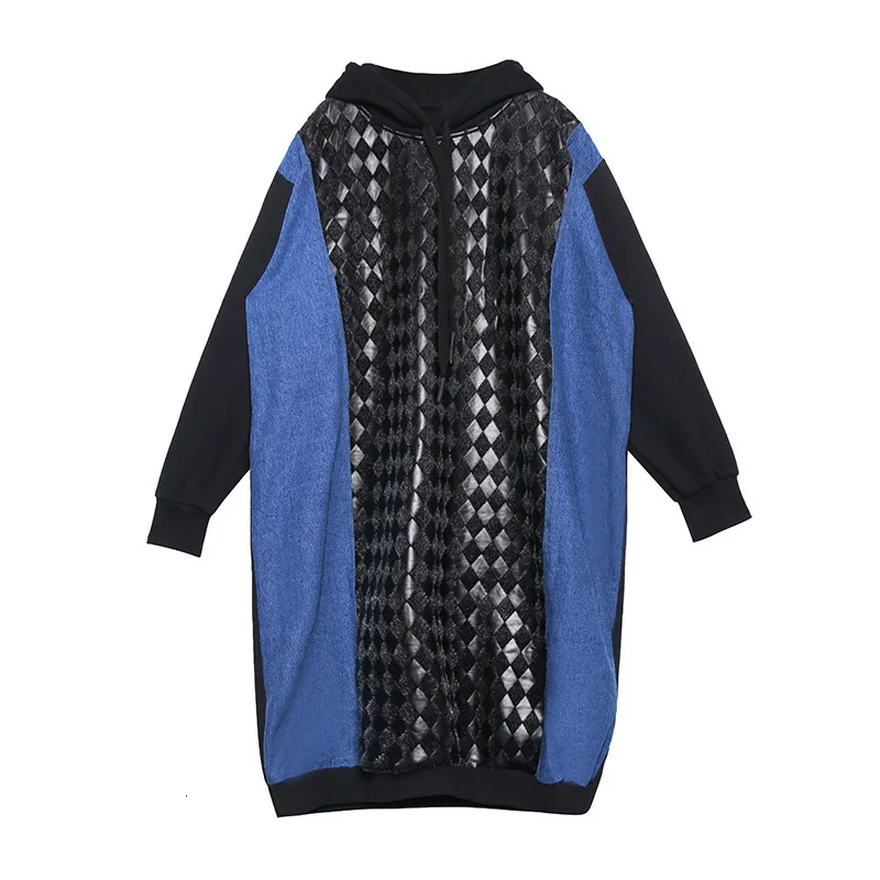 Зимнее женское платье с капюшоном QING MO 2020 джинсовое в стиле пэчворк плотная