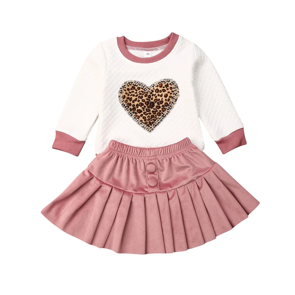 

2PCS Baby Girl Toddler Kids O Neck Long Sleeve T Shirt Top Velvet + High Waist Pleated Skirts Outfits Clothes Set