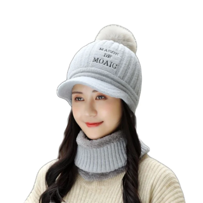 Женская вязаная шапка шарф маска комплект мягкая теплая флисовая зимняя Лыжная с