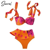 2021 new sexy bikini set high waist print dots floral swimsuit strappy swimwear women bathing suit summer beach wear biquini