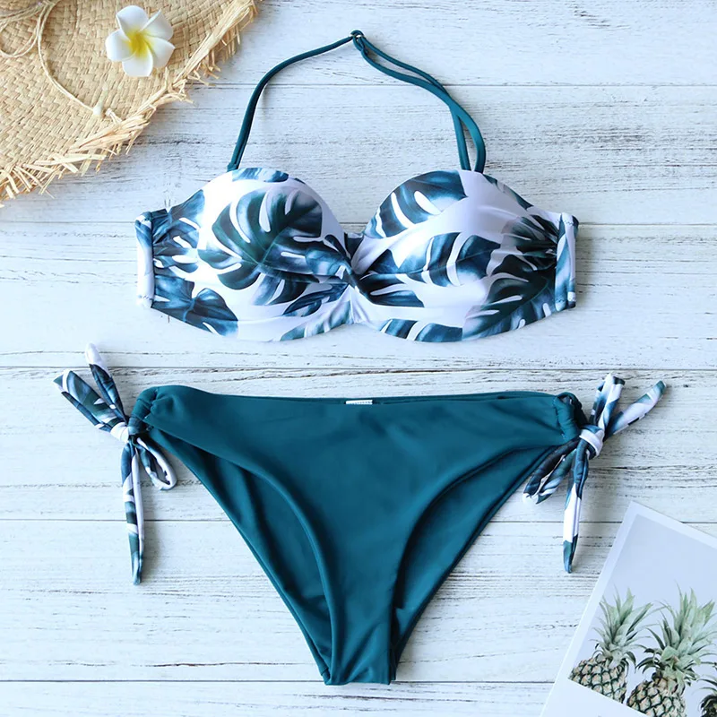 

2021 New Leaves Print Bikini Women Push Up Bikini Set Bandeau Swimwear Bathing Suit Brazilian Biquini Female Swimsuit Beachwear
