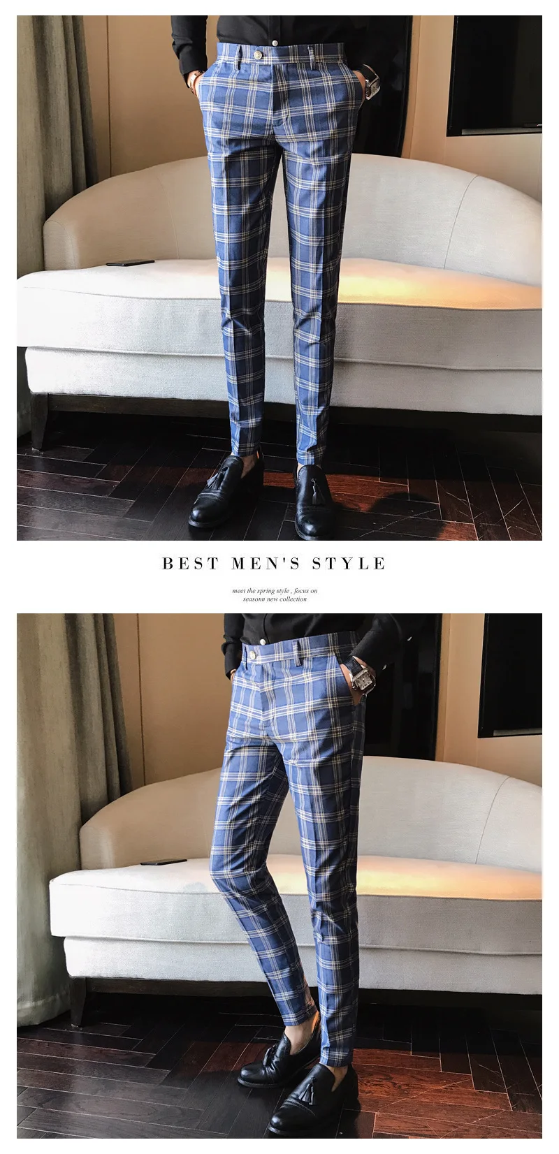 Серый синий мужской Клетчатый костюм брюки Slim Fit лодыжки костюм брюки для мужчин классическое деловое офисное платье формальный клетчатый костюм брюки P13