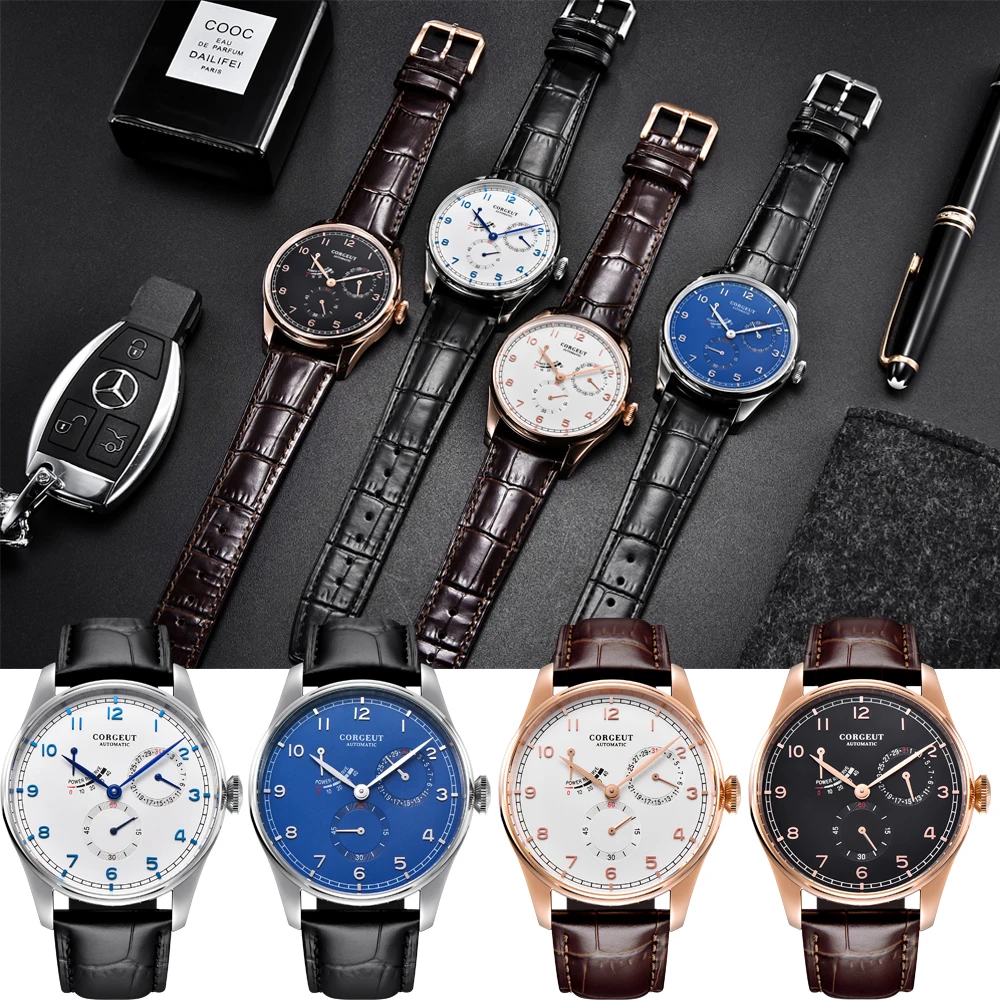 

Corgeut 42MM leather Power reserve Automatic calendar mechanical watches rosegold Hollow case luxury men watch relogio masculino