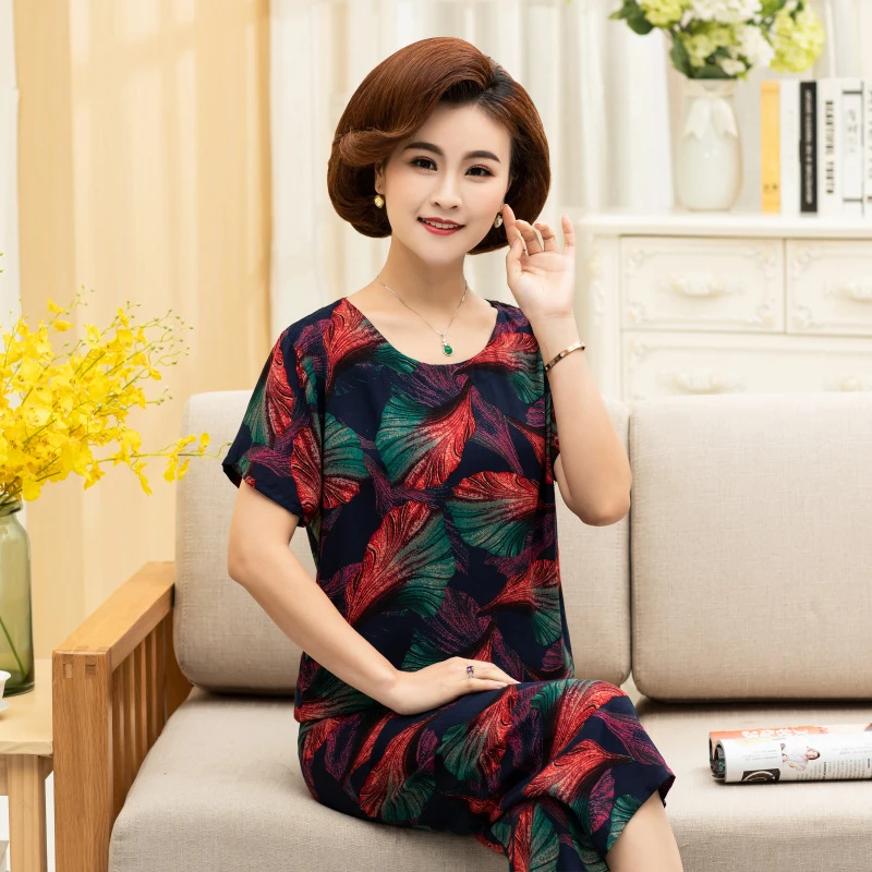 

Summer pajamas home service women XL cotton suit short-sleeved middle-aged and elderly ankle-length pants loose pijama new