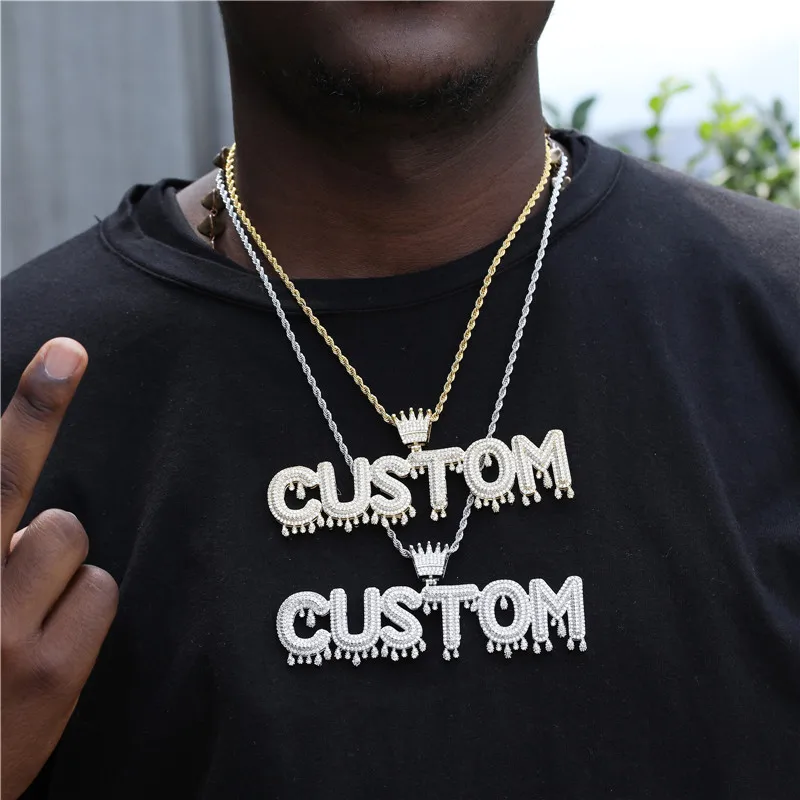 

Hip Hop Custom Crown Drip Name Cubic Zircon Bubble Letters Iced Out Chain Pendants Necklace Women Men Customized Chokers Jewelry