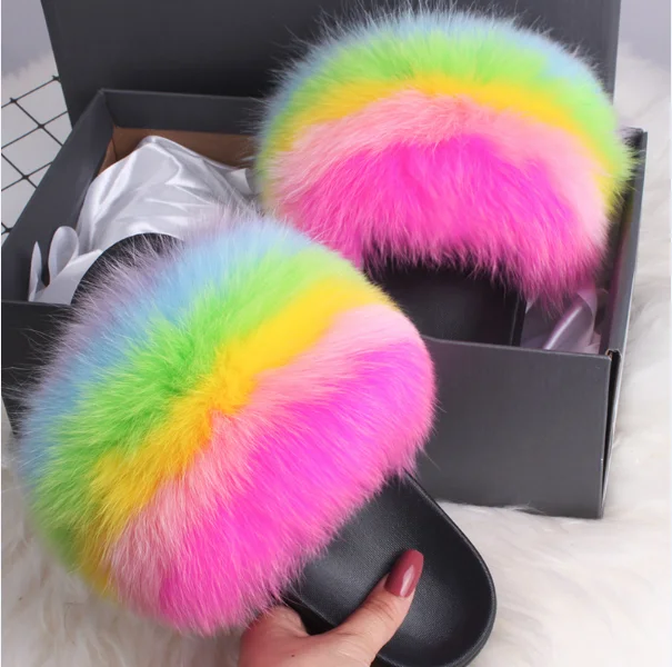 

Real Fox Fur Women' Fox Fur Slippers Beautiful Fluffy Slides Home Plush Furry Rainbow Slippers Colorful Shoes Summer Flip Flops