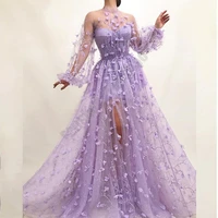 real lilac graduaton dresses a line high neck full sleeve vestido gown 3d flowers lace bow belt slit lovely robe de soiree