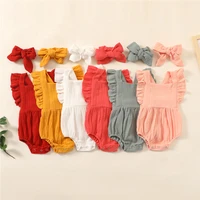 5 colors summer newborn infant baby girls cotton linen rompers ruffles sleeveless solid jumpsuits headband clothes outfits