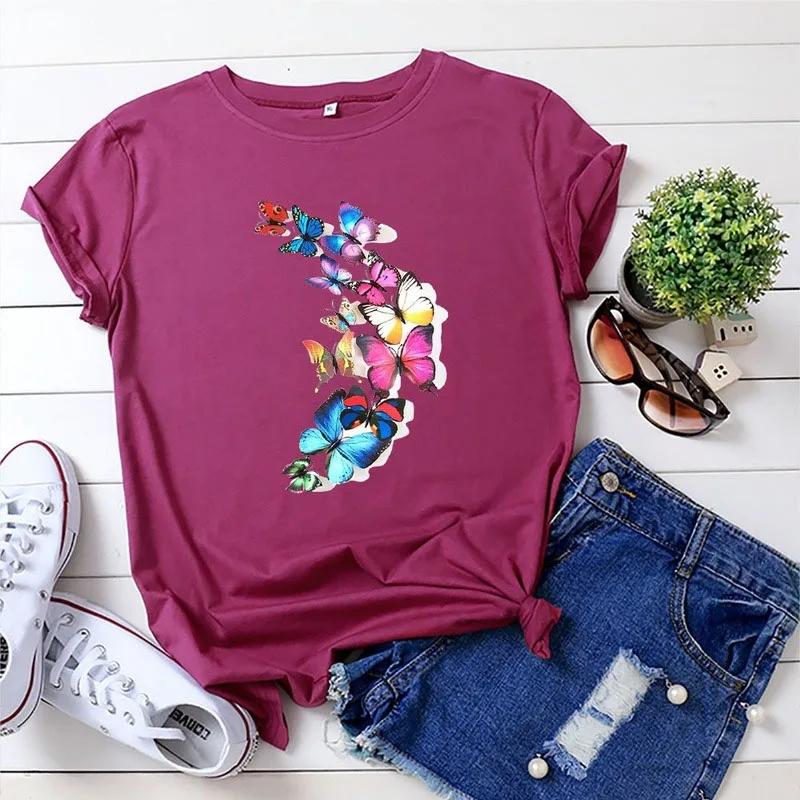 

Summer Women T-shirt 100% Cotton Short Sleeve Butterfly Print Female Fashion Casual Regular T Shirt Ladies Graphic Loose Tee Top