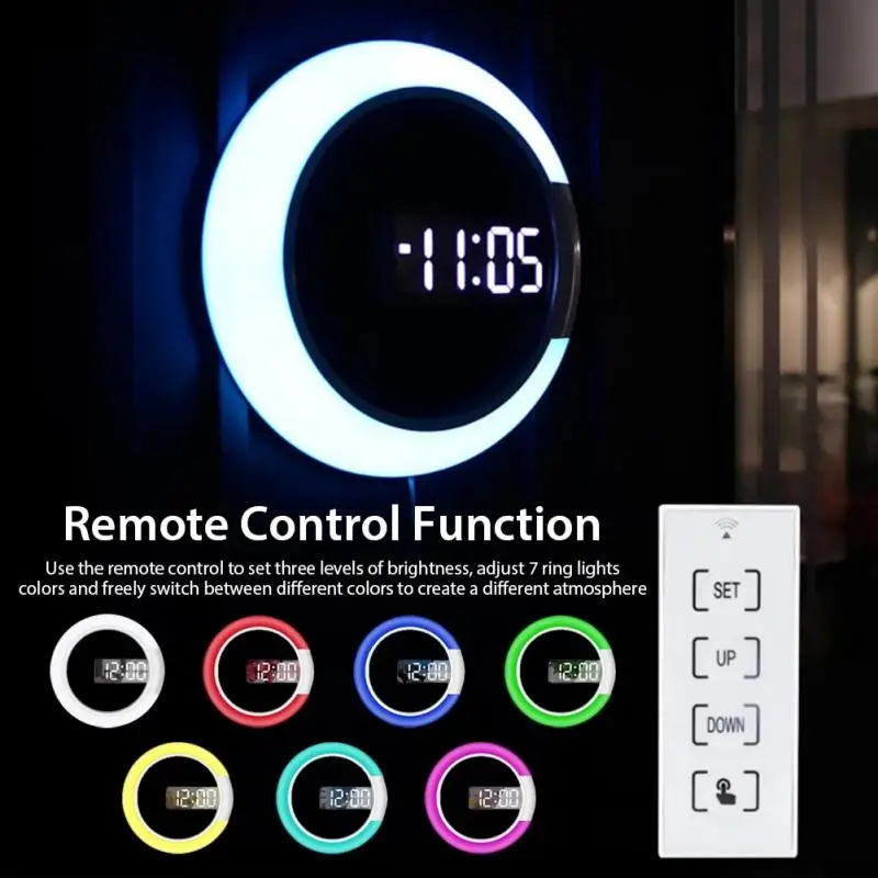 

12 Inch Digital Mirror Wall Clock TS-S24 Remote Control Alarm Clock Smart Home With 7 Colors Nightlight And Temperature Dispaly