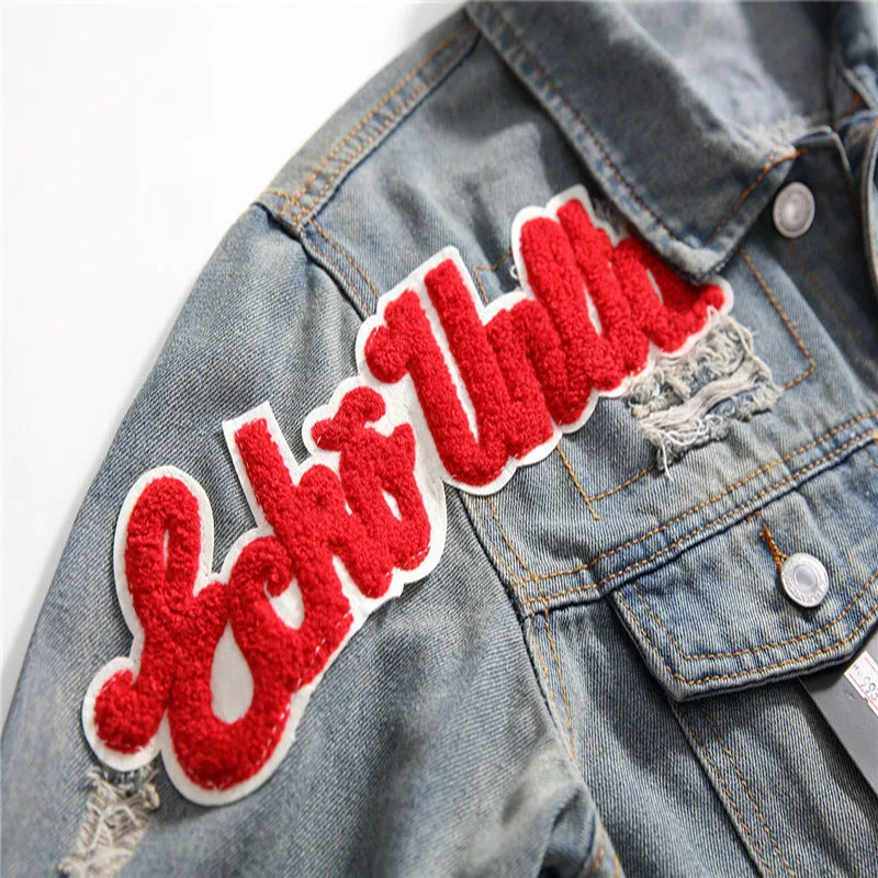 

SEVEYFAN Men's Denim Jacket Letter Badge Embroidered Denim Coat Distressed Hole FashionPersonality Denim Jacket