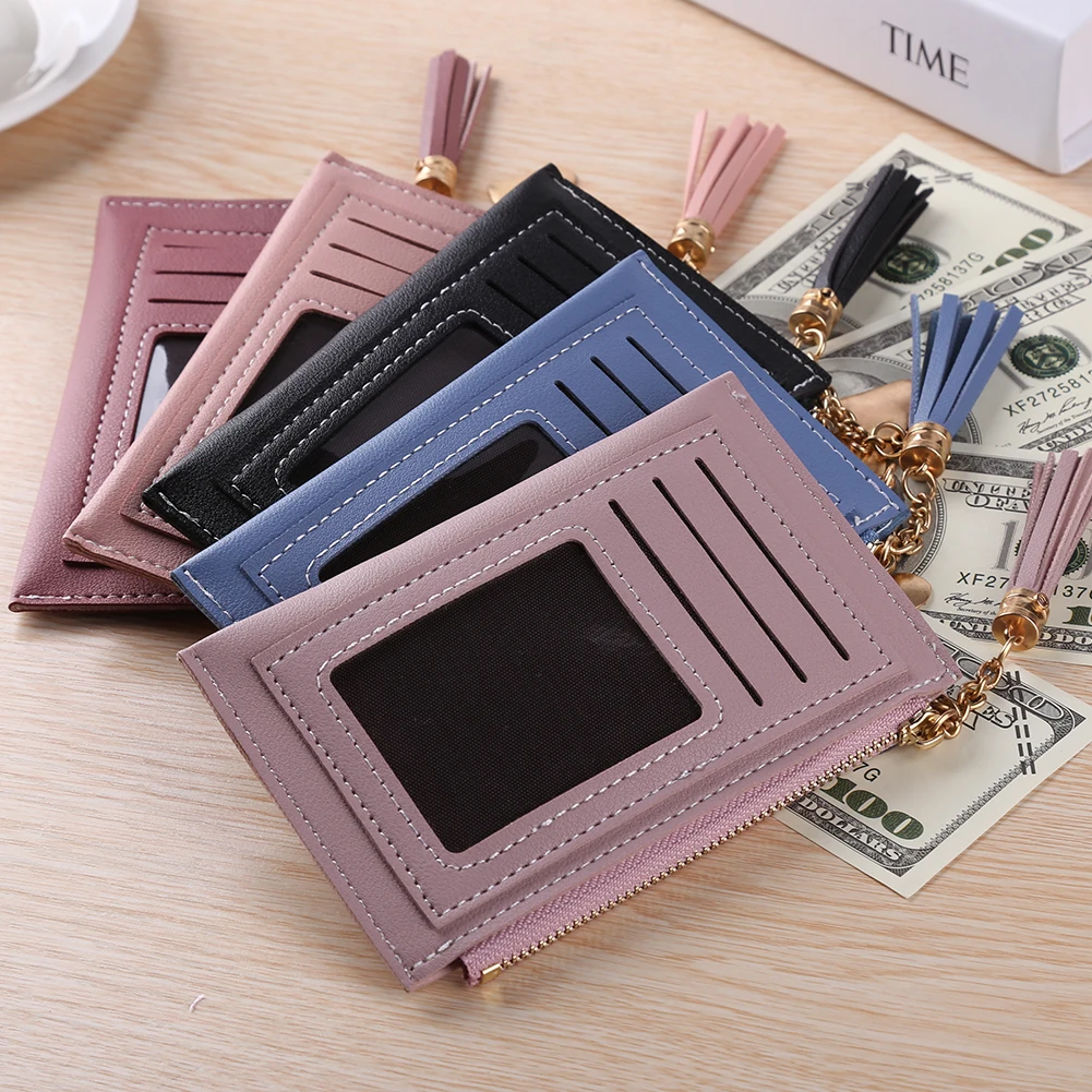 

Retro Women Wallets Square Vertical PU Leather Mini Card Holder Casual Ladies Love Printing Tassel Zipper Wallet