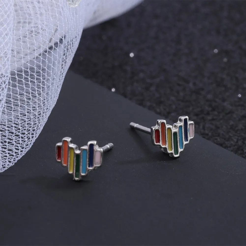 

Rainbow Heart Stud Earrings Delicate Colorful 925 Sterling Silver Women's Earrings Korean Silver 925 Jewelry Girls Birthday Gift