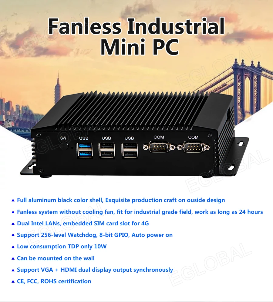 Eglobal Small Industrial computer intel celeron j1900 quad core with HDMI+VGA Pfsense Router Windows dual lan 2com ports mini pc