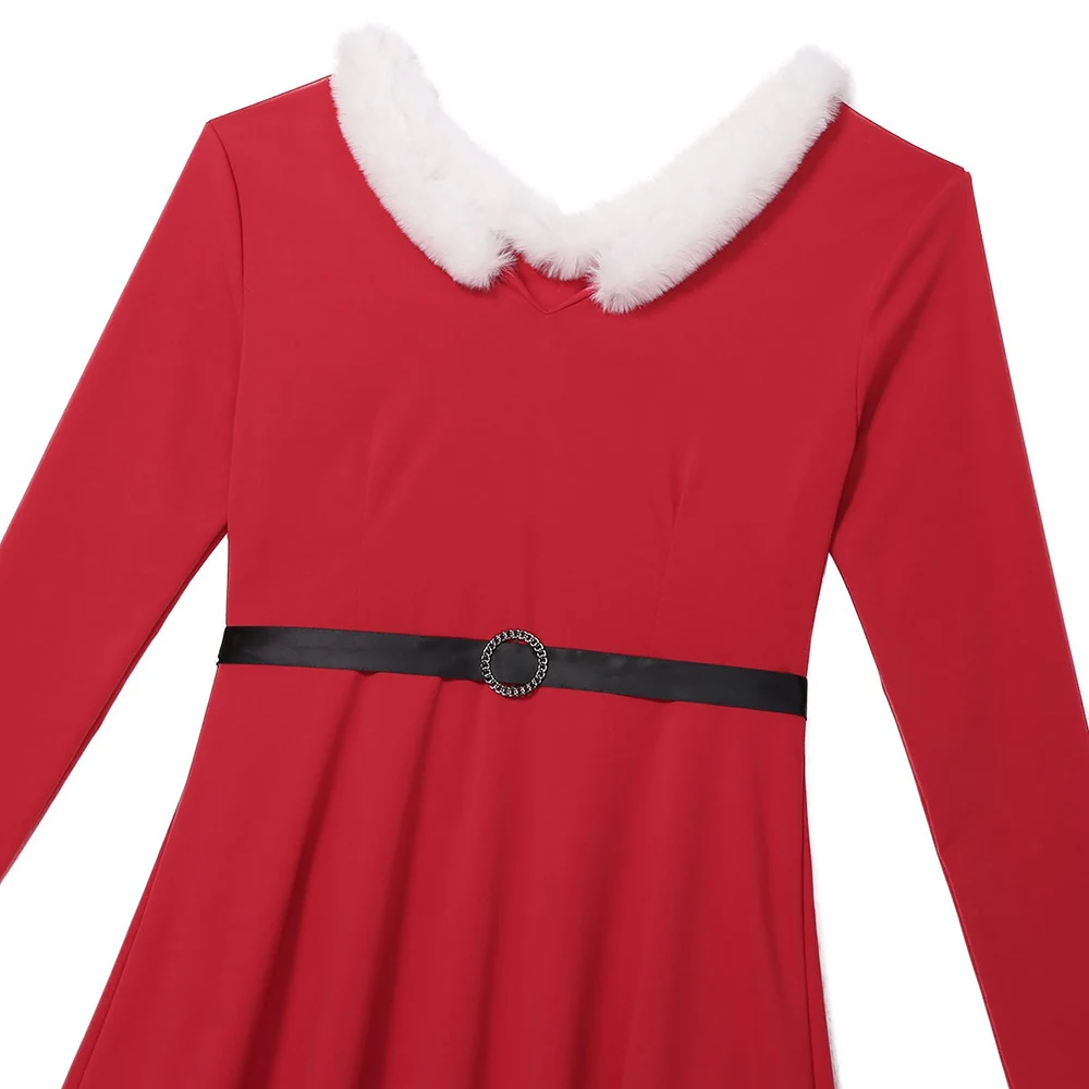 

Women Christmas Fancy Dress Mrs Santa Claus Xmas Party cosplay Costume V-neck Long Sleeves High-low Hemline Midi Dress with Belt