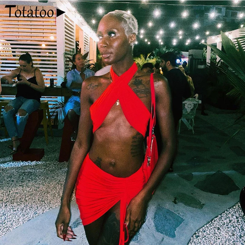 

Totatoop Halter Bandage Crop Top And Drawstring Bodycon Skirts Two Piece Set For Women 2021 Summer Elastic Clubwear Outfits Robe