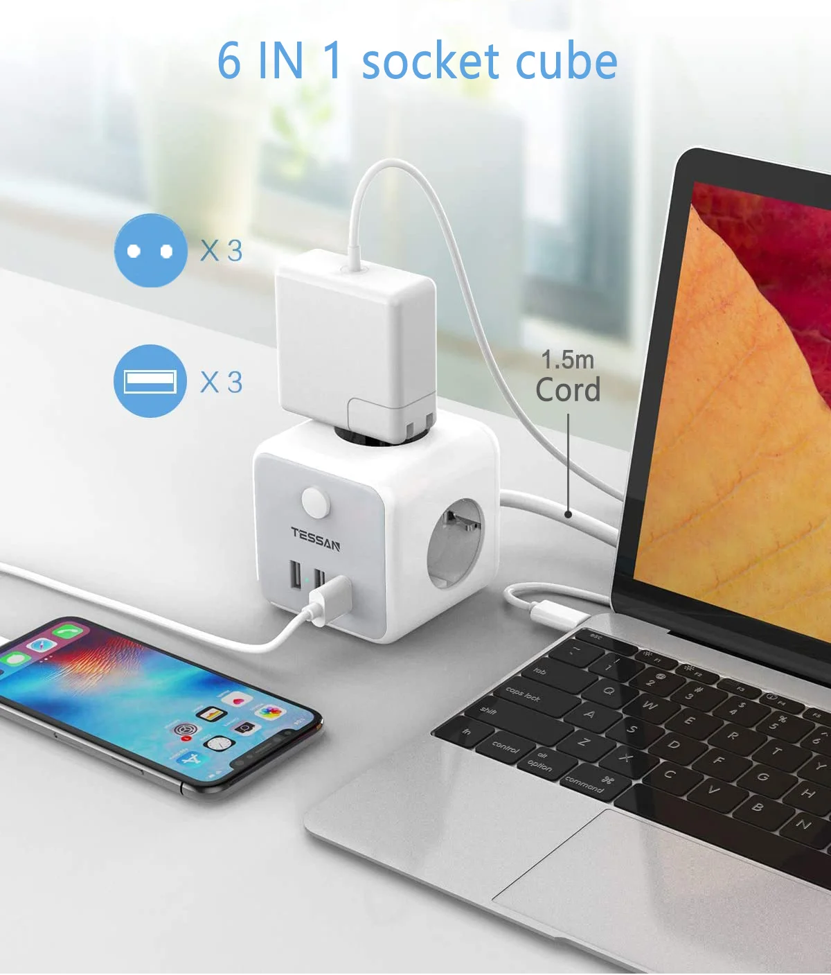 TESSAN ЕС розетка с 3 розетки Порты USB 1 5 м/5ft удлинитель переключателем &quotВКЛ/ВЫКЛ&quot