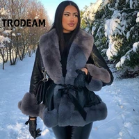 trodeam 2021 new womens winter leather jacket stitching faux fur collar cuff coat belt slim elegant warm thick overcoat female