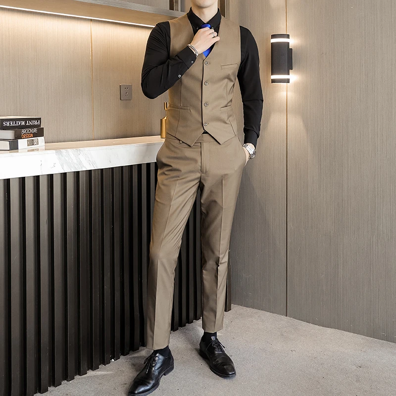 

(Jacket+Vest+Pants) 2021 double-breasted Men Business leisure Suits Male slim fit Groom's Wedding Dress/Man Blazers Tuxedo 3Pcs