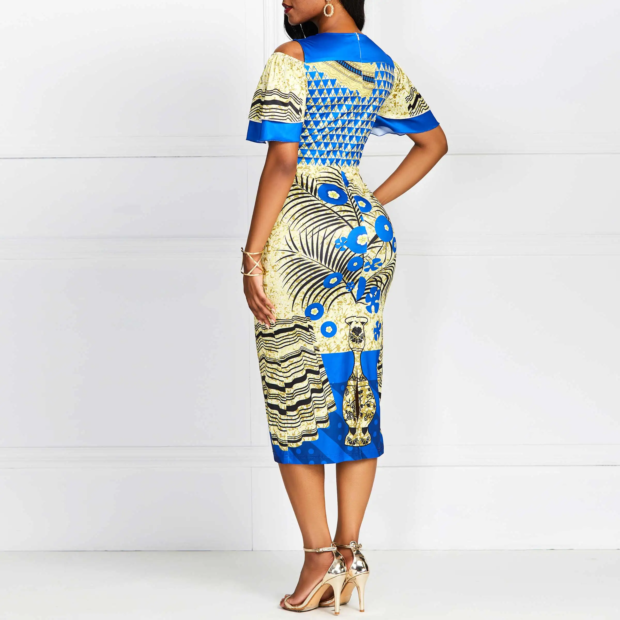 Off Shoulder Party Bodycon Dress Elegant Evening Women Ethnic Floral Color Print Stylish Ruffle Summer 2019 Sexy African Dresses | Женская