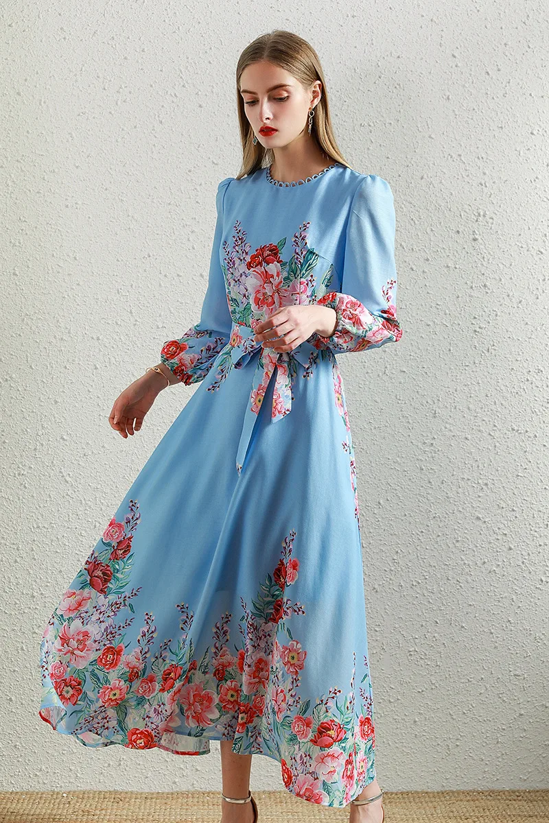 

High Quality Summer Palace Temperament Women's Long-sleeved Round Neck Big Swing Dress