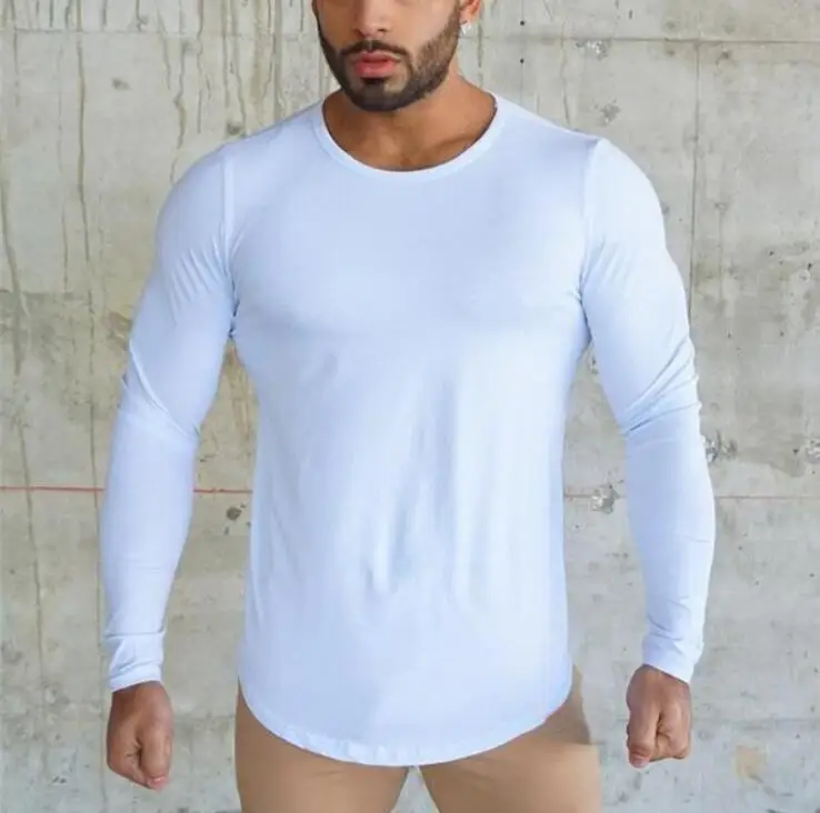 Сплошной цвет пустой фитнес футболка мужская длинная секция хлопок дышащая