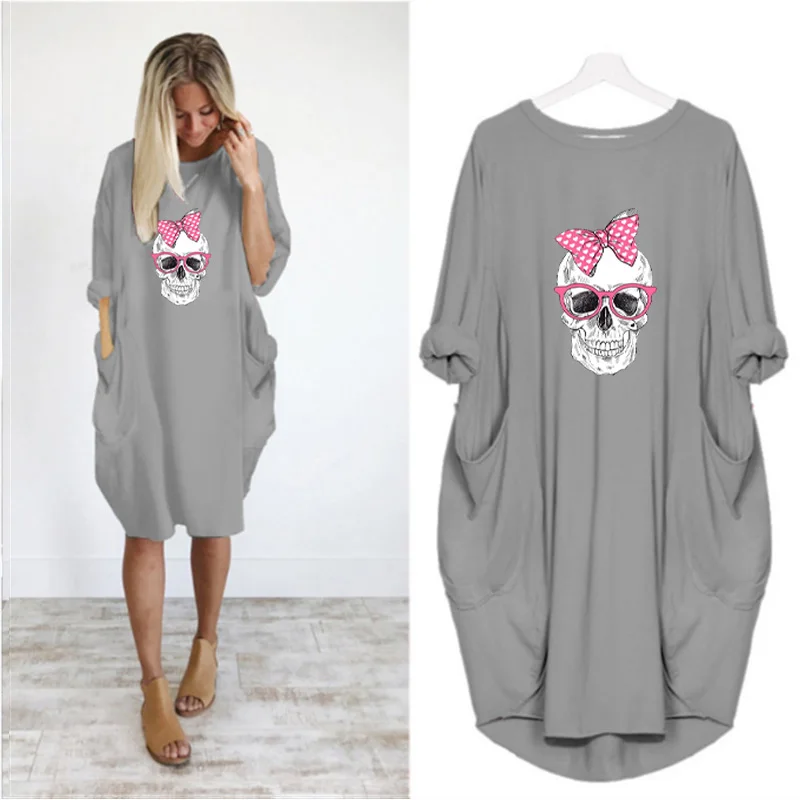 

Plus Size Woman Dress Skull Print Long Sleeve Round Neck Autumn Pocket Party Club Loose Vintage Vestidos Robe Femme Streetwear