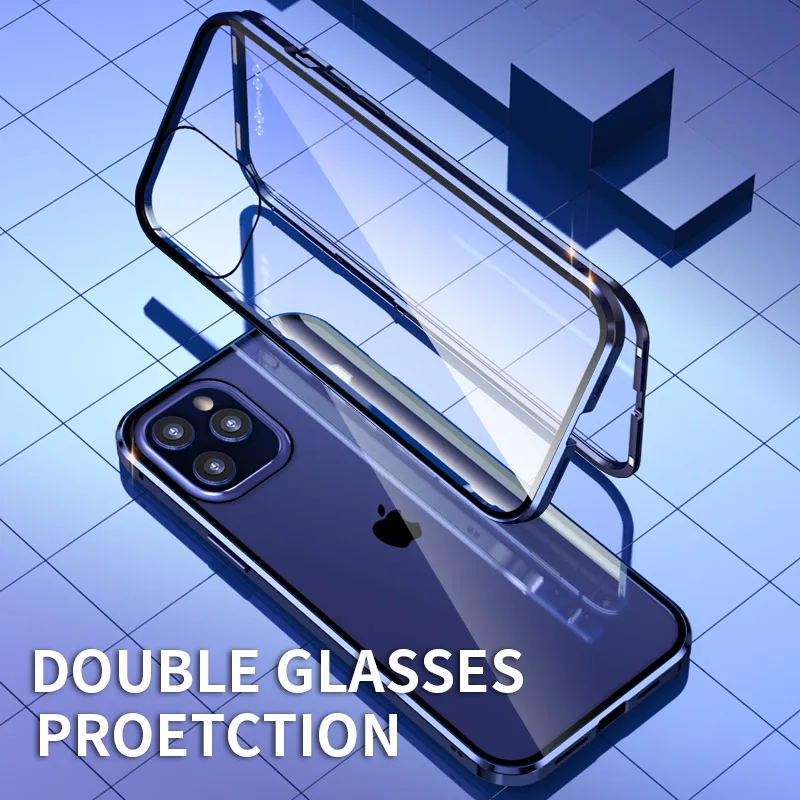 

Чехол для iphone 12 Pro Max, 360 дюйма, передний + задний, двухсторонний чехол из закаленного стекла для iphone 12 Mini, магнитный металлический чехол для ...