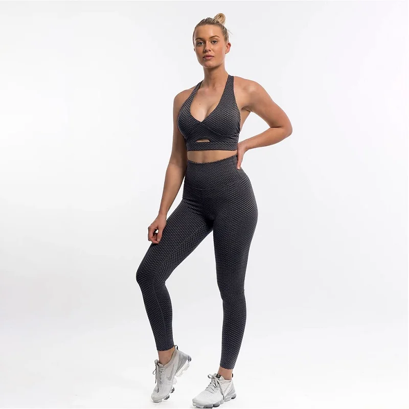 

Two Piece Set Women Yoga Legging Gym Fitness Clothing Honeycomb High Waist Pants Crop Top Bra Sports Outfits Workout Sportswear