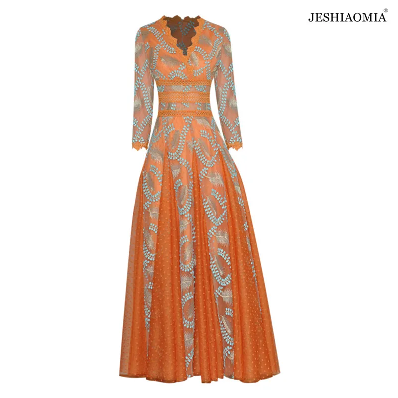 

JESHIAOMIA- 2022 Spring V Neck Heavy Embroidered Maxi Dress